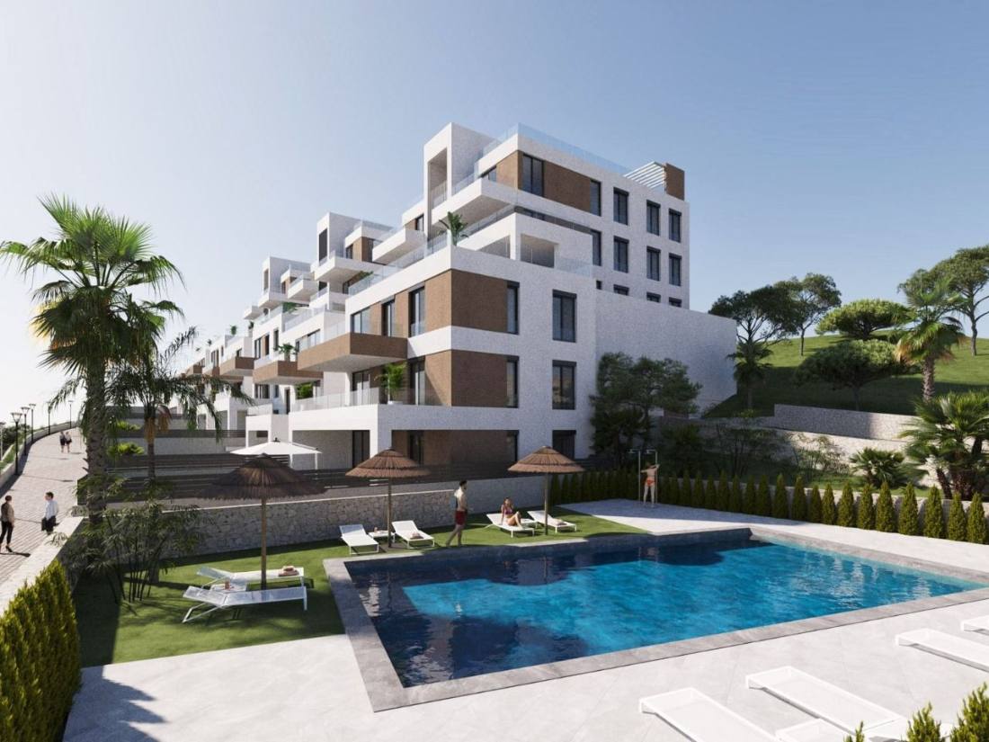 Levansur apartment building above a communal pool and palm trees